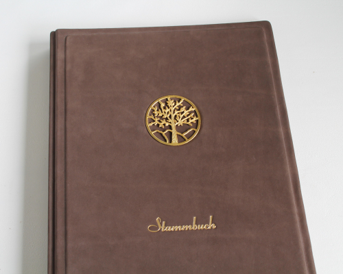 Stammbuch "Goldene Lebensbaum" mit goldenem Schrift aus braunem Nubukleder,  DIN A4