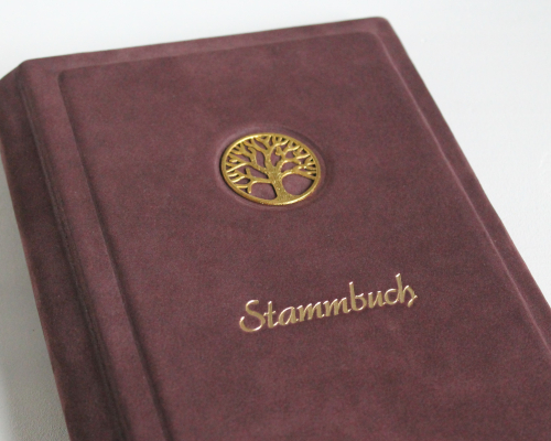 Stammbuch "Goldene Lebensbaum" aus burgunderrotem Nubukleder