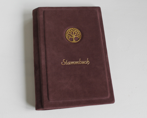 Stammbuch "Goldene Lebensbaum" aus burgunderrotem Nubukleder