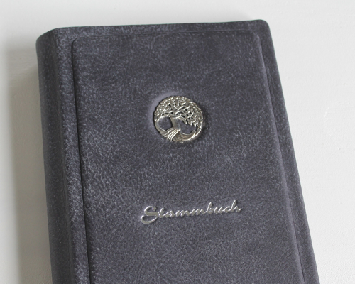 Stammbuch LEBENSBAUM mit silbernem Schrift aus Büffelleder, anthrazitgrau