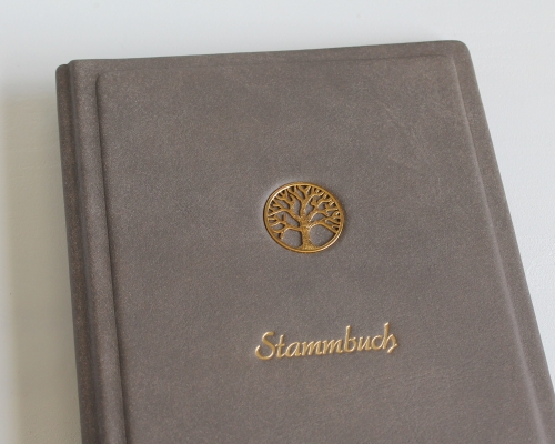 Stammbuch "Goldene Lebensbaum" aus grauem Leder mit goldenem Schriftzug, DIN A5
