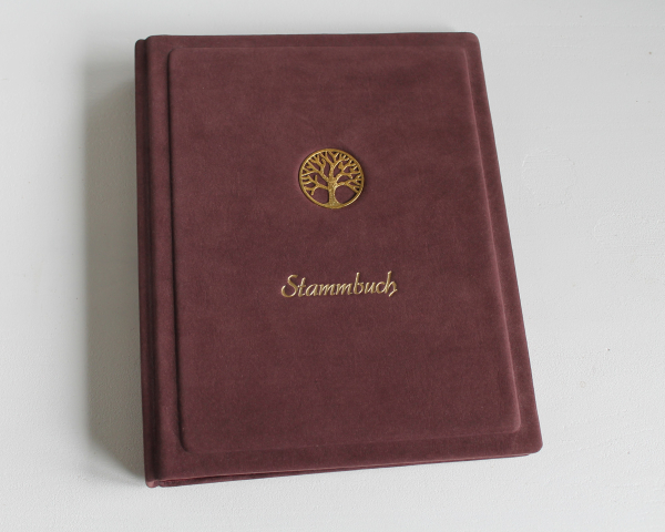 Stammbuch "Goldene Lebensbaum" aus bordeauxrotem Samtleder,  DIN A5