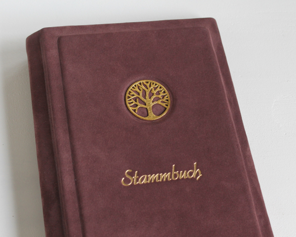 Stammbuch "Goldene Lebensbaum" aus burgunderrotem Nubukleder