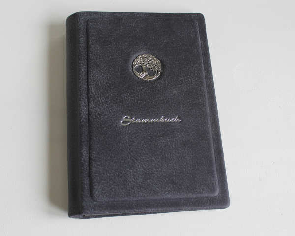 Stammbuch LEBENSBAUM mit silbernem Schrift aus Büffelleder, anthrazitgrau