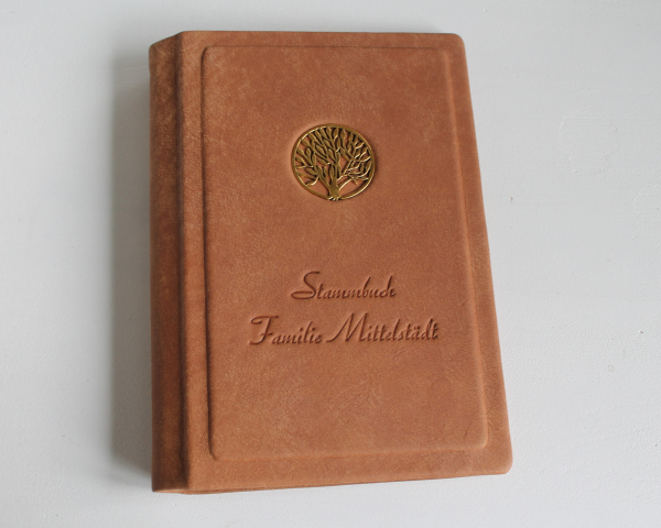 Stammbuch "Goldene Lebensbaum" aus cognacbraunem Nappaleder