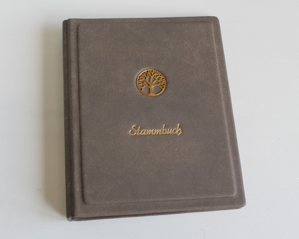 Stammbuch "Goldene Lebensbaum" aus grauem Leder mit goldenem Schriftzug, DIN A5